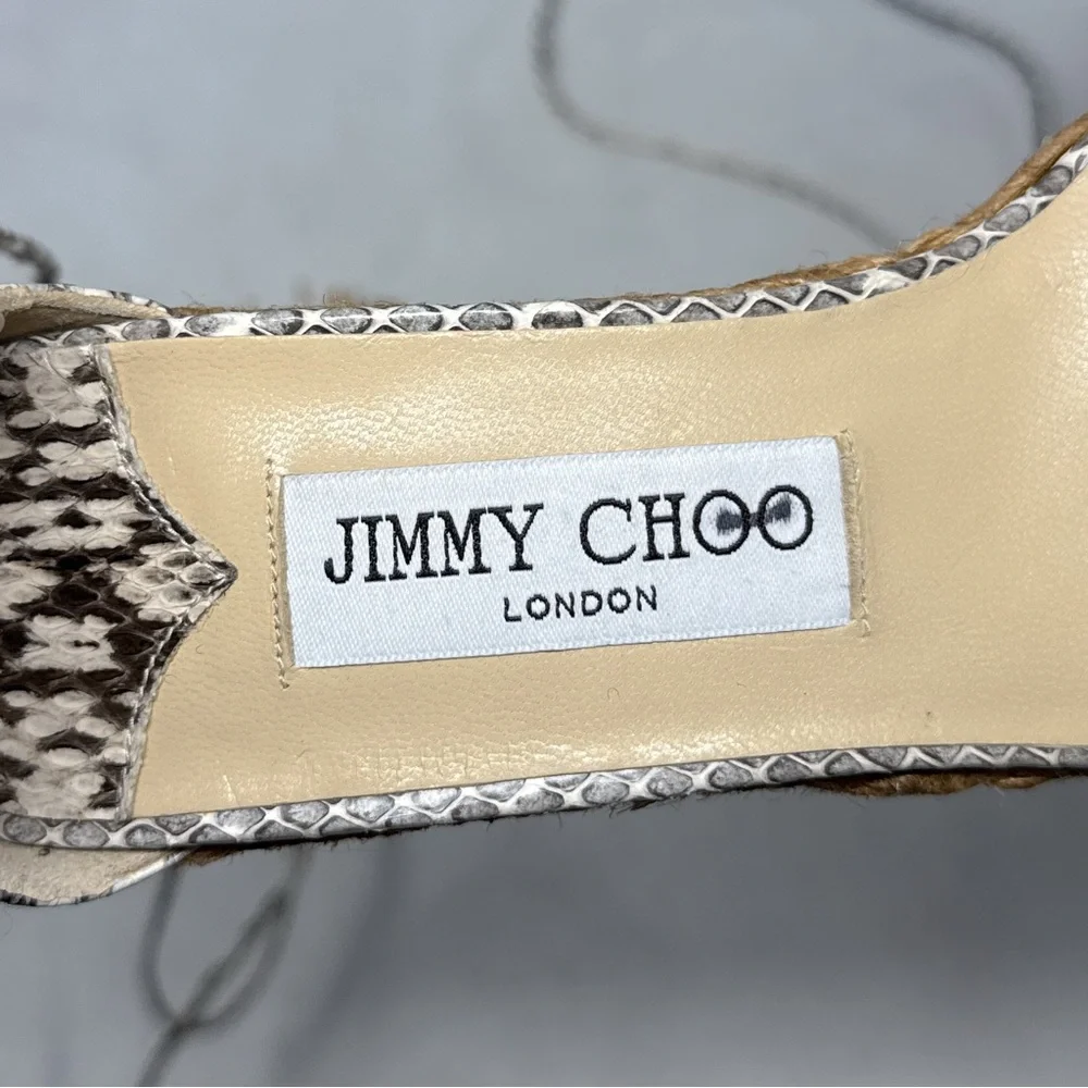 NEW Jimmy Choo Deva 85 Snakeskin Leather Tasseled Ankle Tie Wedge Sandal Heels